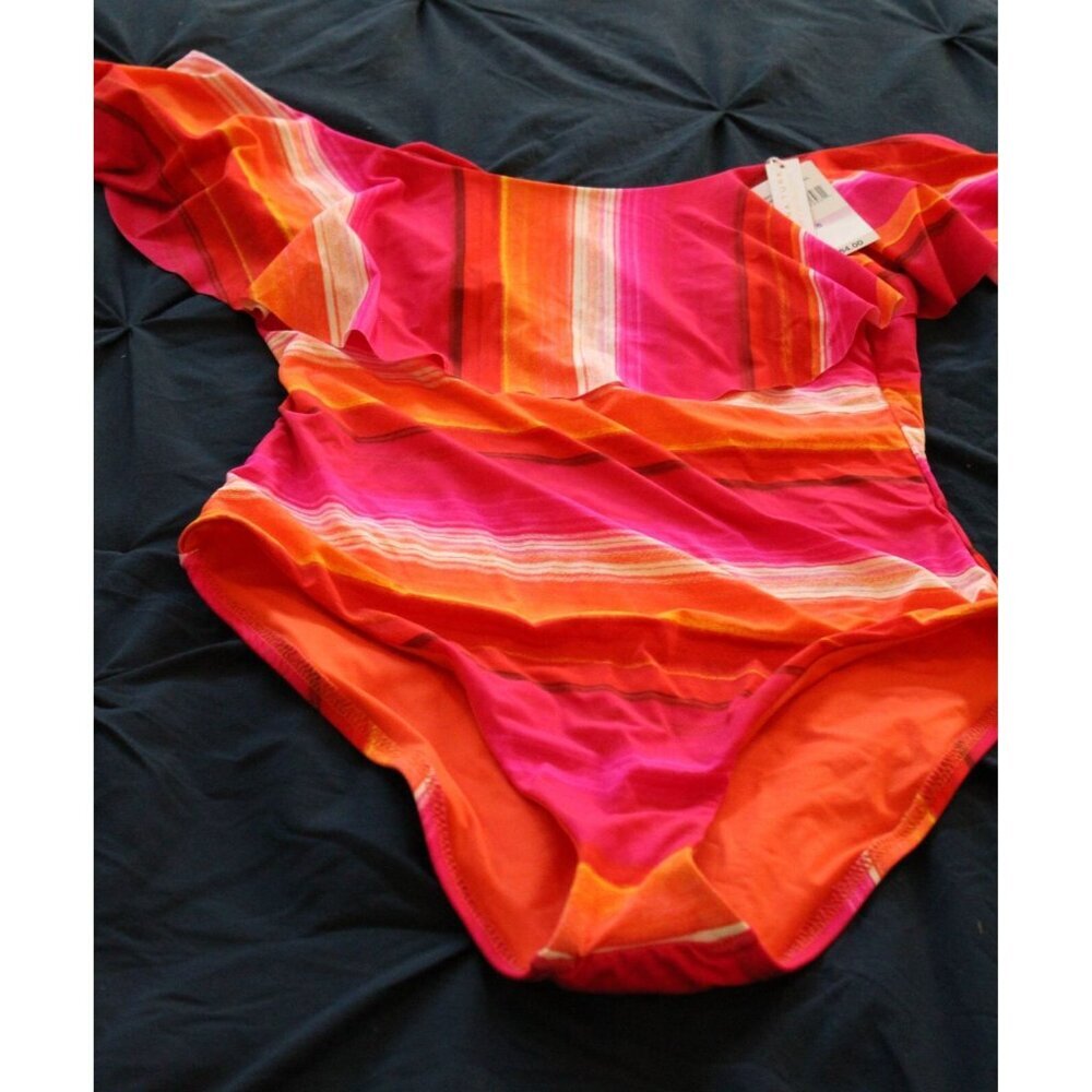 Trina Turk Solstice Off The Shoulder Ruffle One Piece Swimsuit Multi Size 6 NWT